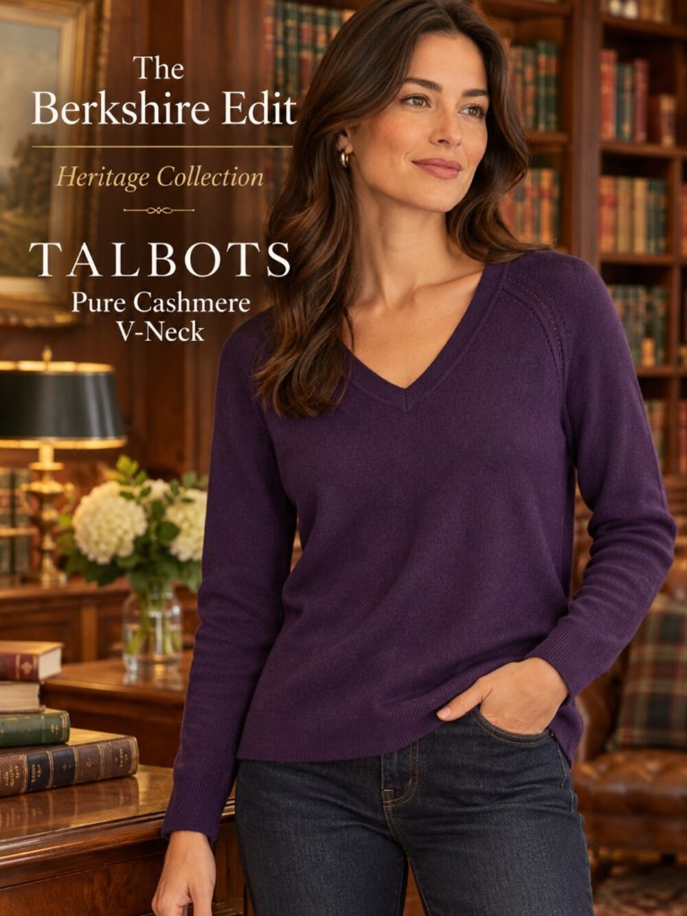 Talbots Pure Cashmere Sweater L Purple V Neck Long Sleeve Quiet Luxury